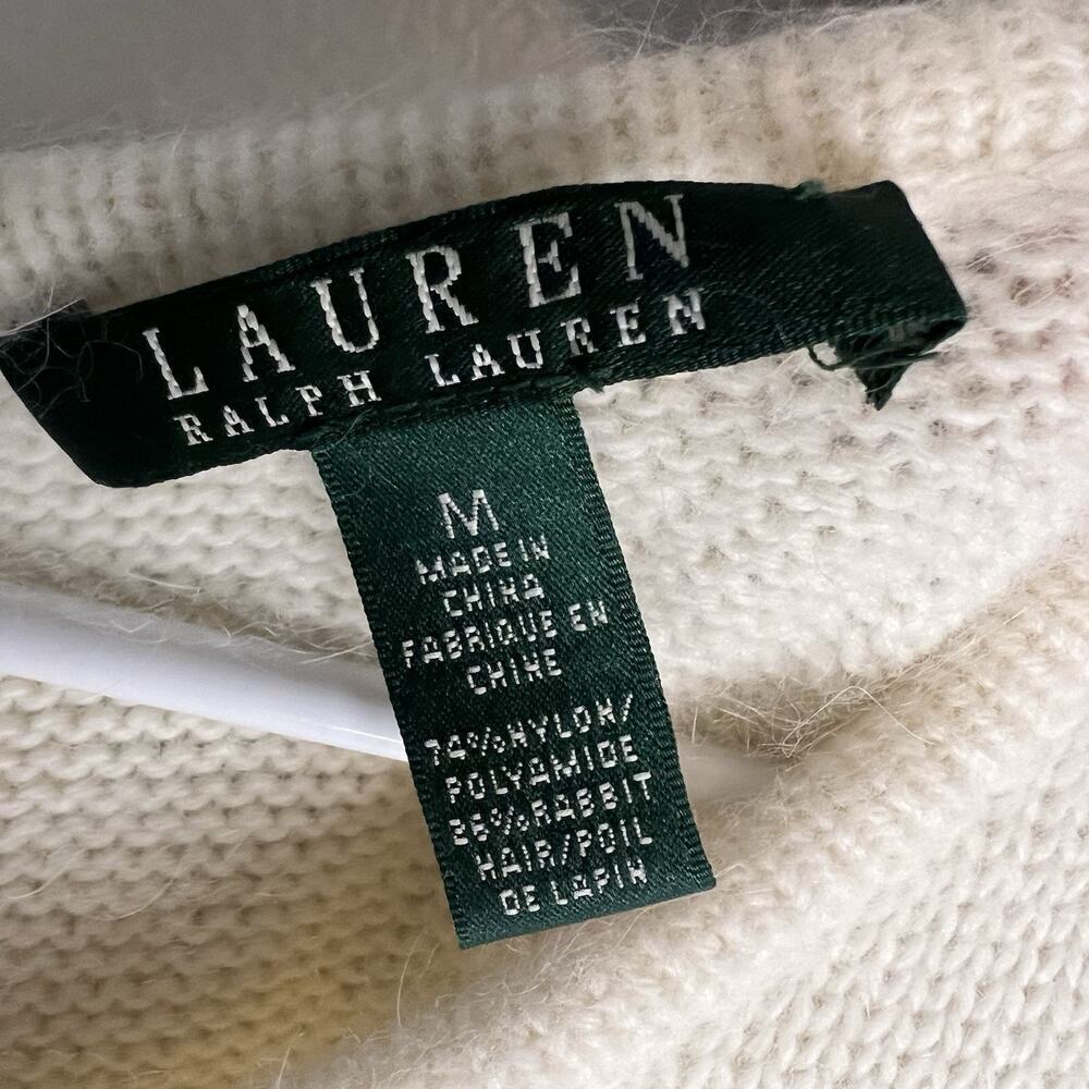Lauren Ralph Lauren Womens Alpaca Blend Sweater V Neck Cream Sz M Lace Bow Luxe - Picture 7 of 10
